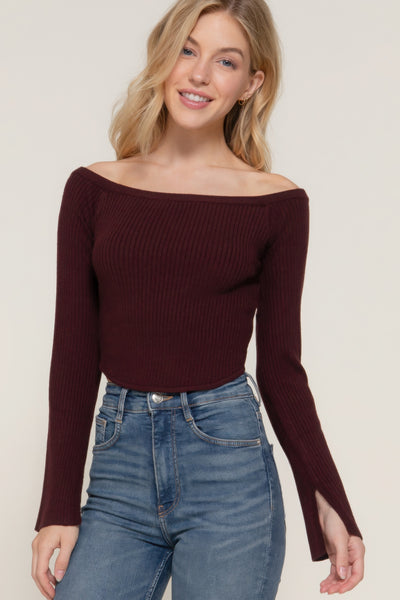 Long flare sleeve off shoulder sweater