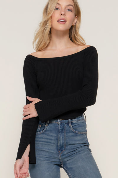 Long flare sleeve off shoulder sweater