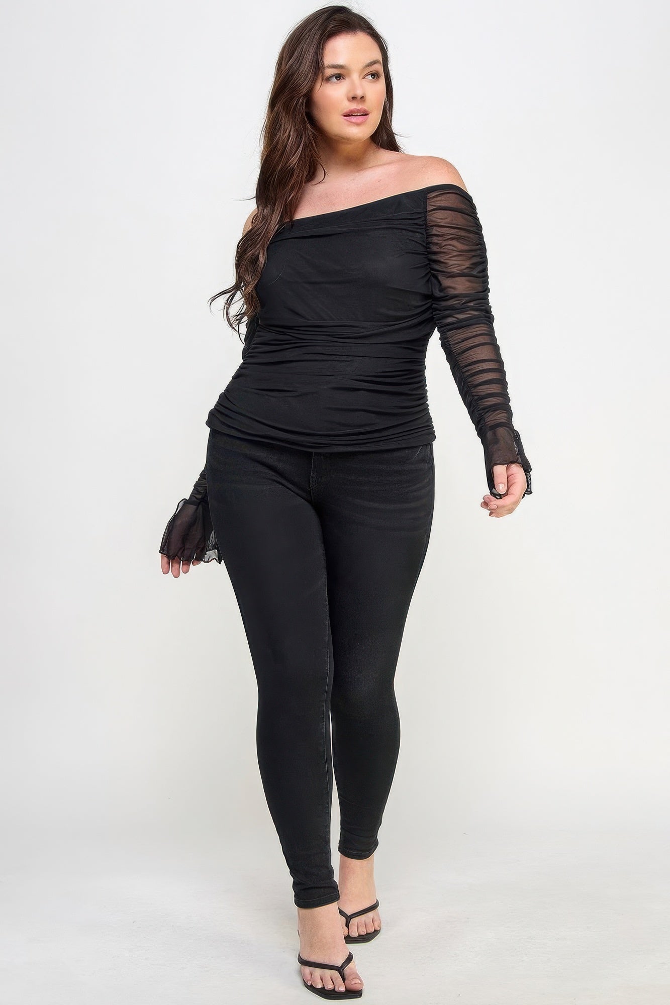 Ruched Off Shoulder Mesh Top
