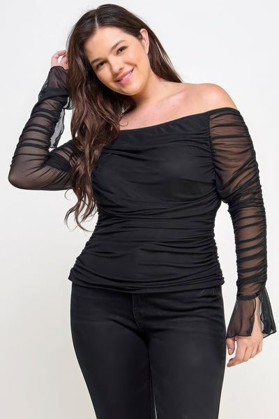 Ruched Off Shoulder Mesh Top