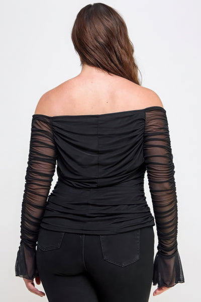 Ruched Off Shoulder Mesh Top