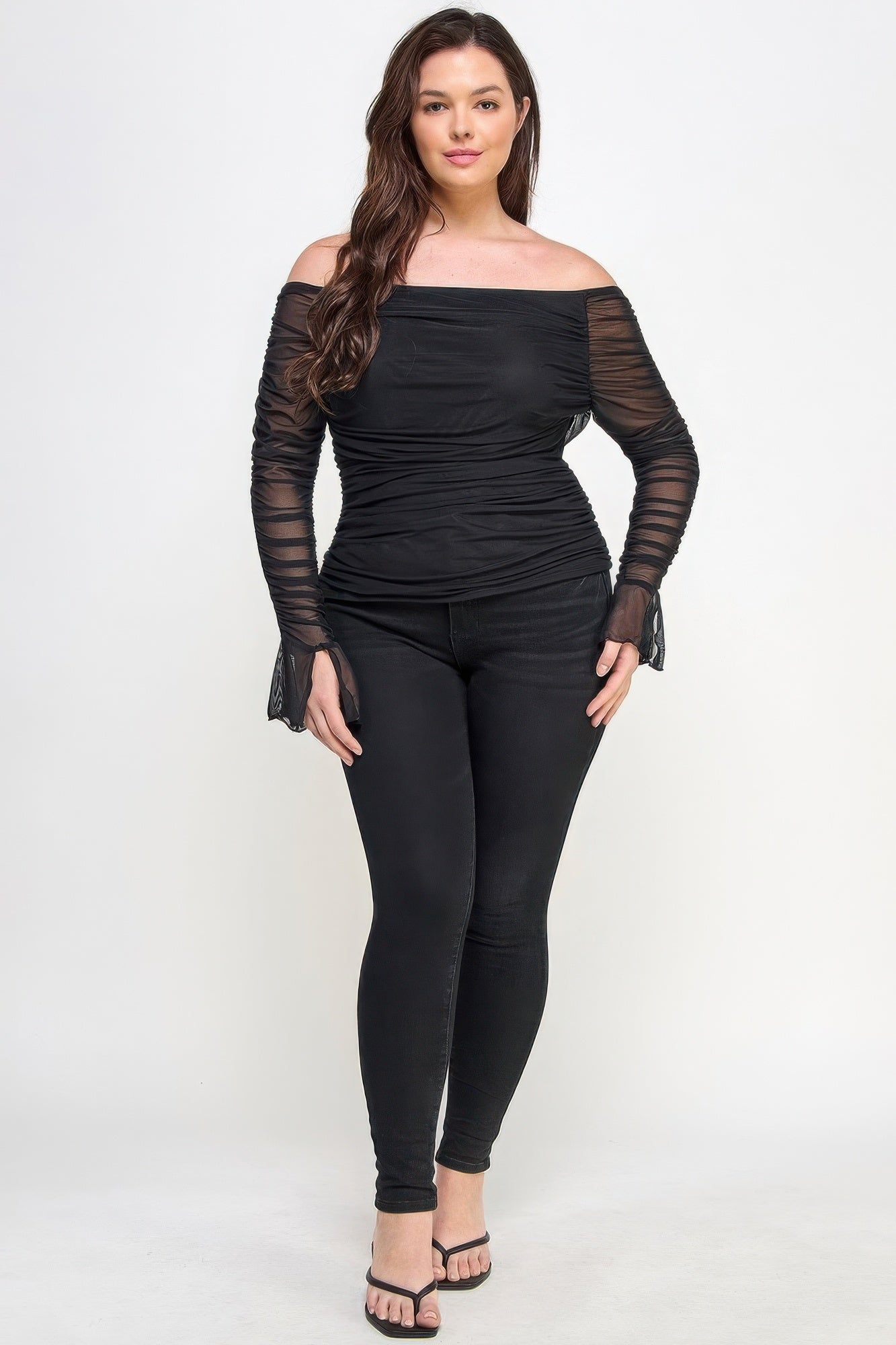 Ruched Off Shoulder Mesh Top
