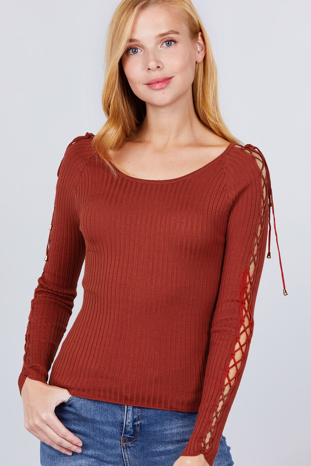 Long Sleeve Strappy Rib Sweater