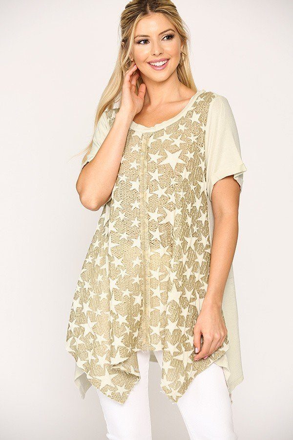 Star Textured Knit Mixed Tunic Top with Shark Bite Hem