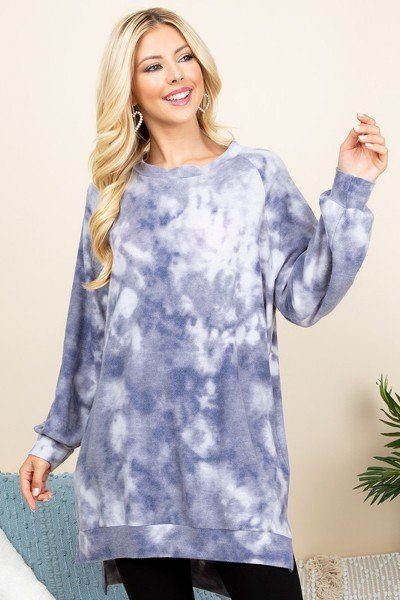 Ultra Cozy Tie Dye French Terry Brush Oversize Casual Pullover with Long Sleeves, Side Pockets, and High Low Hem