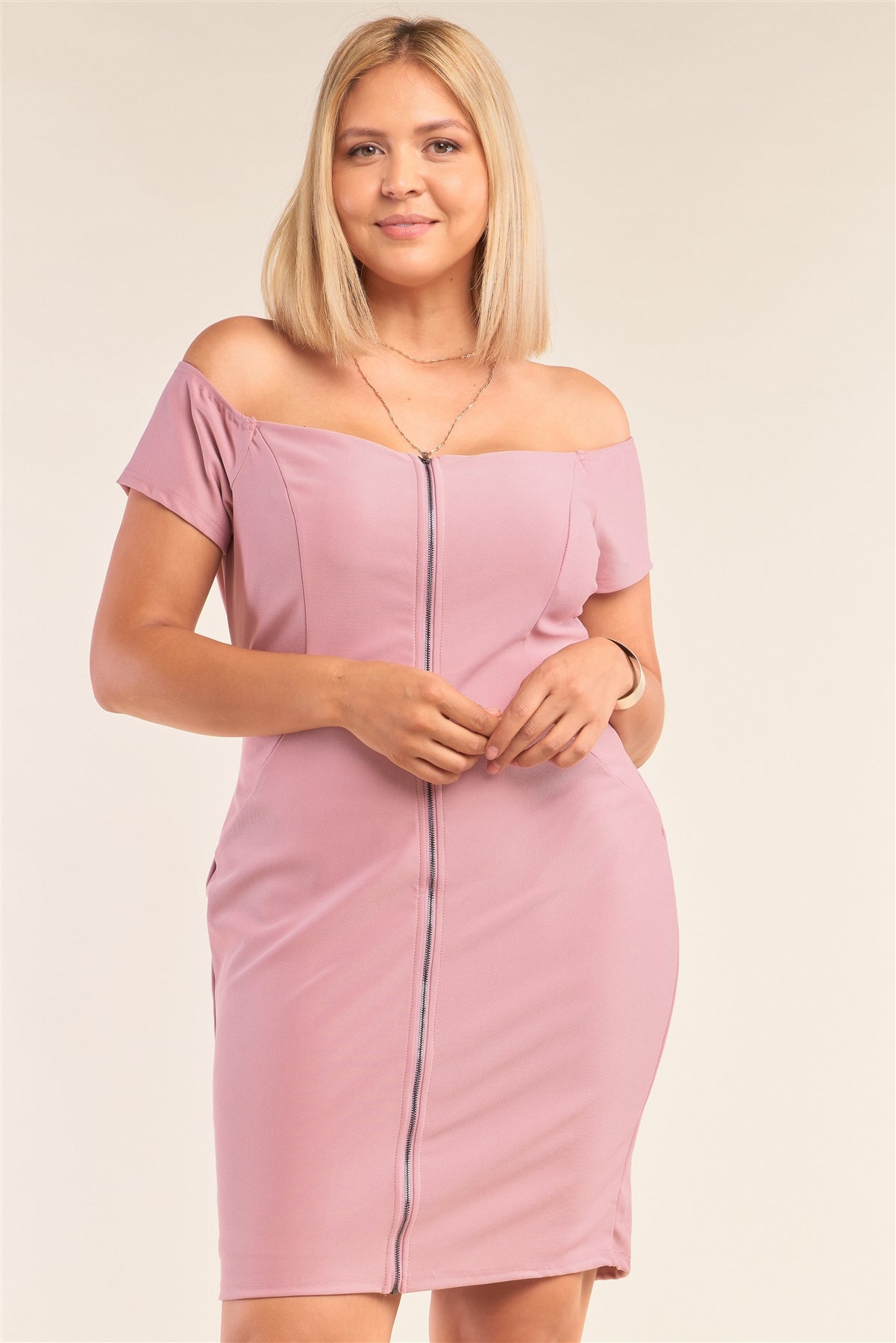 Off-the-shoulder Front Zipper Bodycon Dress