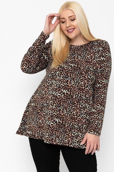 1XL.2XL.3XL Cheetah print tunic featuring a flattering A-line silhouette, and long sleeves. 33% Rayon 64% Polyester 4% Spandex  Brown Cheetah womens plus size clothing store 