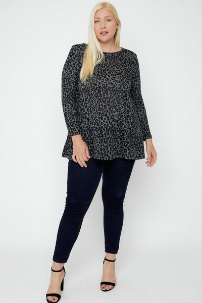 Made In U.S.A 1XL.2XL.3XL Cheetah print tunic featuring a flattering A-line silhouette, and long sleeves. 33% Rayon 64% Polyester 4% Spandex  Charcoal Cheetah