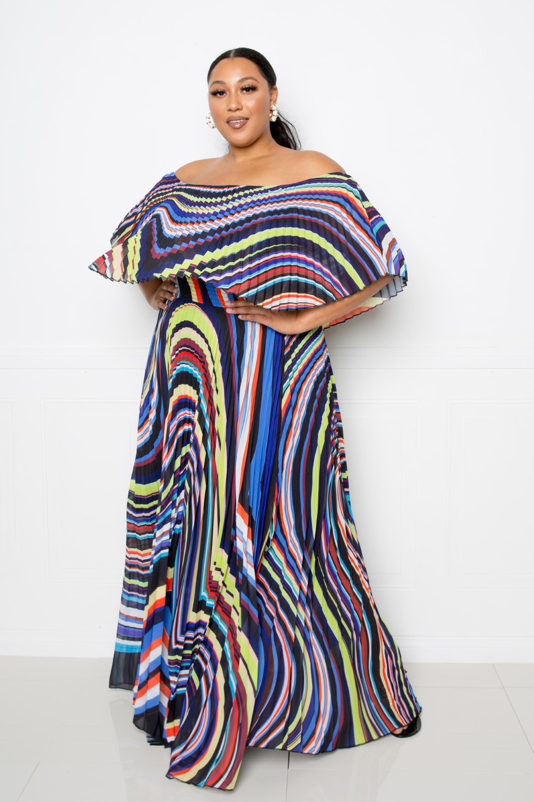 Plus Off Shoulder Pleated Maxi Dress