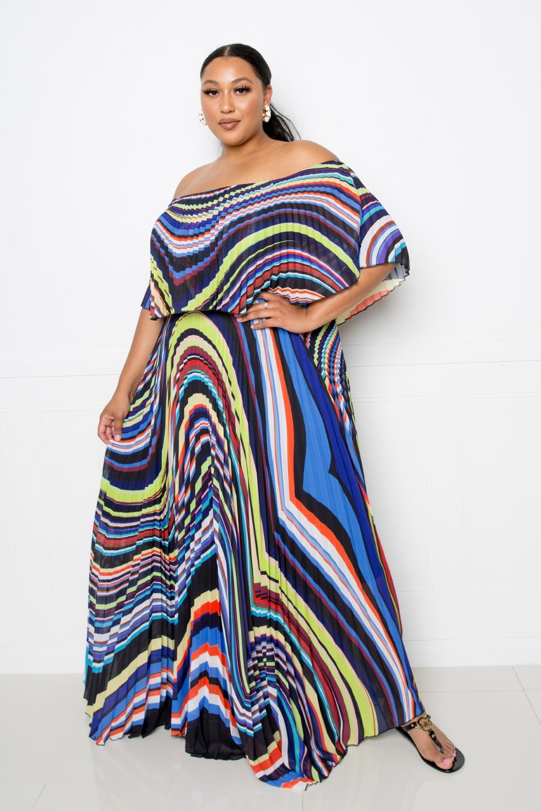 Plus Off Shoulder Pleated Maxi Dress