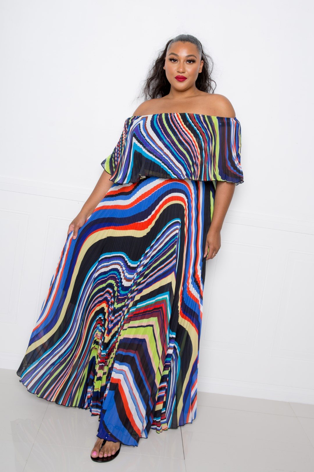 Plus Off Shoulder Pleated Maxi Dress