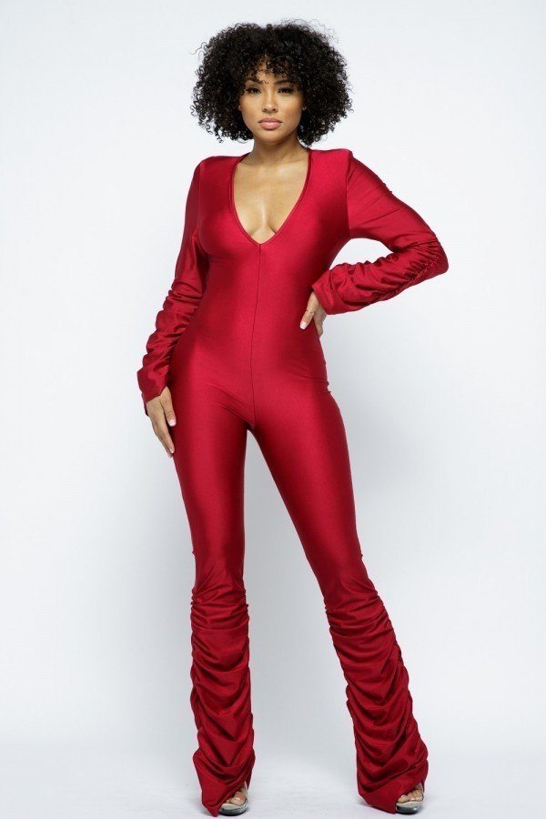 Ruched Stacked Deep V Jumpsuit