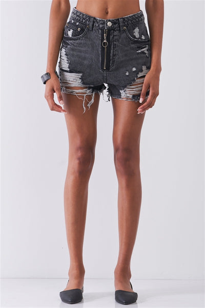 Distress High-waist Raw Hem Shorts