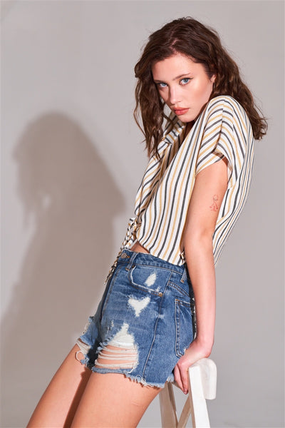 Distress High-waist Raw Hem Shorts