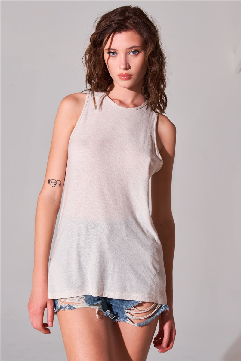 Sleeveless Crew Neck Cut-out Top