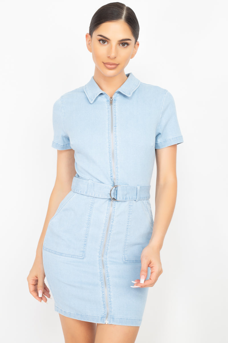 Belted Bodycon Denim Dress