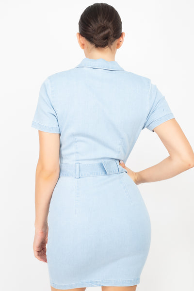 Belted Bodycon Denim Dress