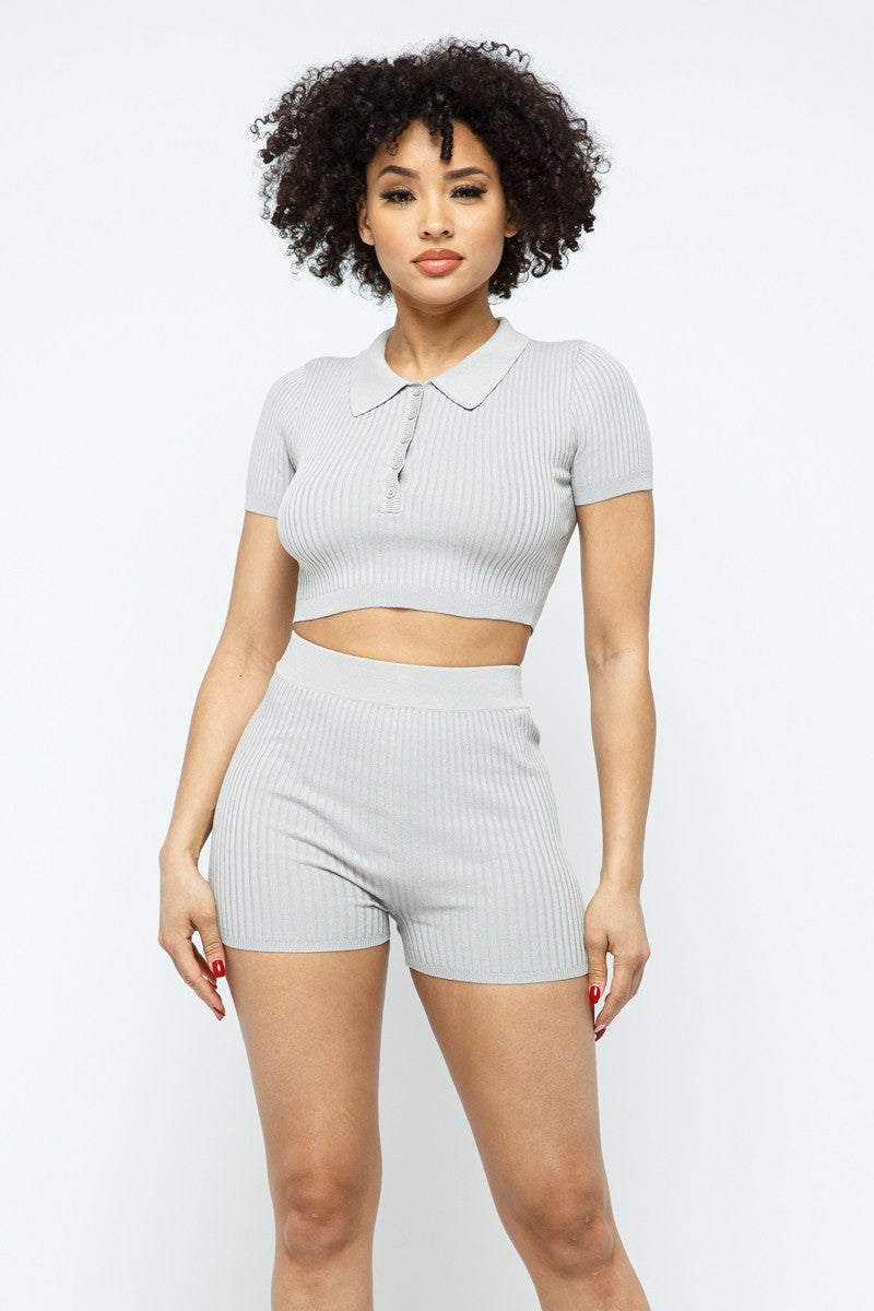 Collar Crop Top + Shorts Set