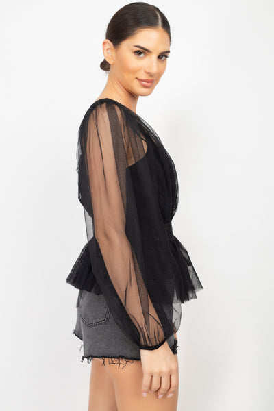 Sheer Mesh Crochet Peplum Top