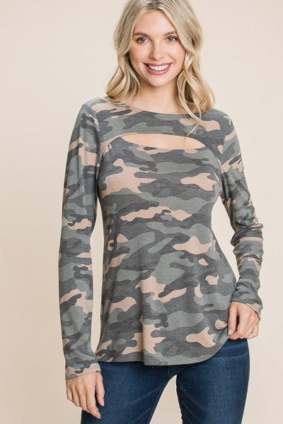 Camo Print Cut Out Long Sleeve Top