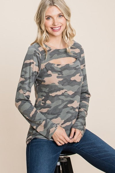 Camo Print Cut Out Long Sleeve Top