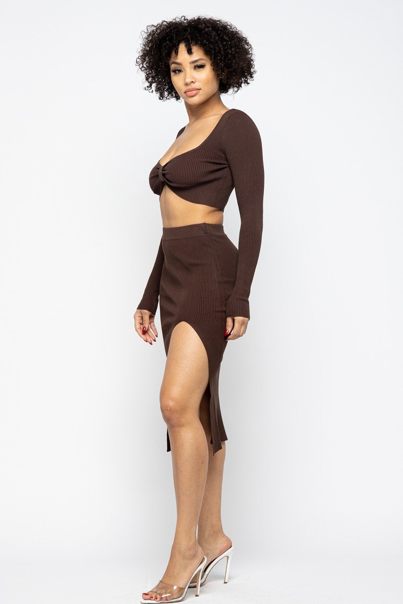 Sexy Chocolate High Slit Skirt Set
