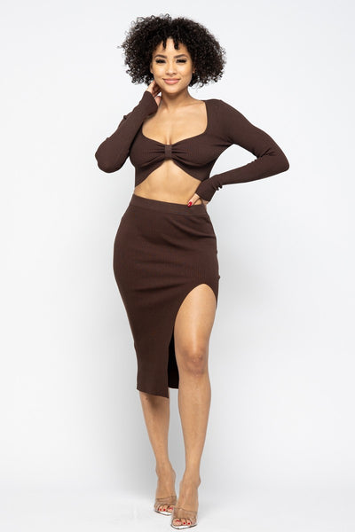 Sexy Chocolate High Slit Skirt Set