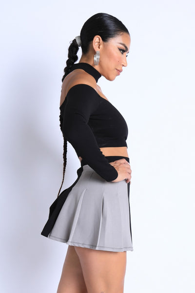 Choker Off-shoulder Top and Pleated Skirt Set