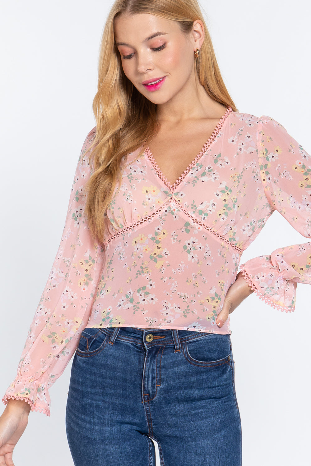 Ruffle Sleeve Floral Print Chiffon Top