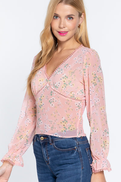 Ruffle Sleeve Floral Print Chiffon Top