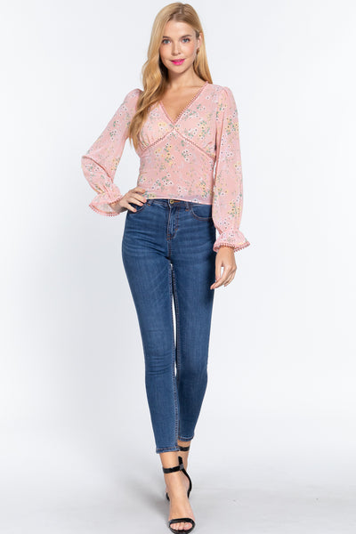 Ruffle Sleeve Floral Print Chiffon Top