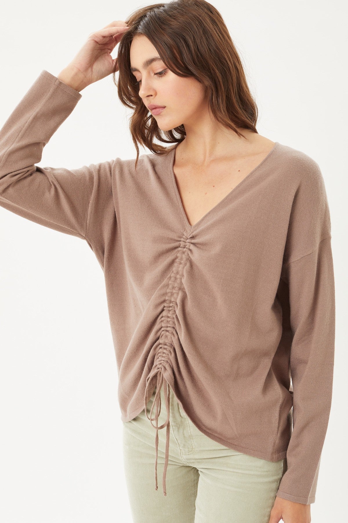 Knit V-neckline Drawstring Ruched Top