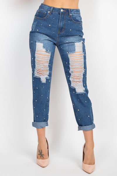 Rhinestones Ripped-front Denim Mom Jeans