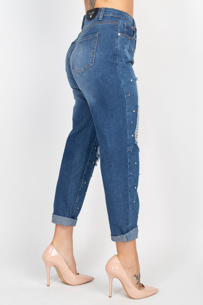 Rhinestones Ripped-front Denim Mom Jeans