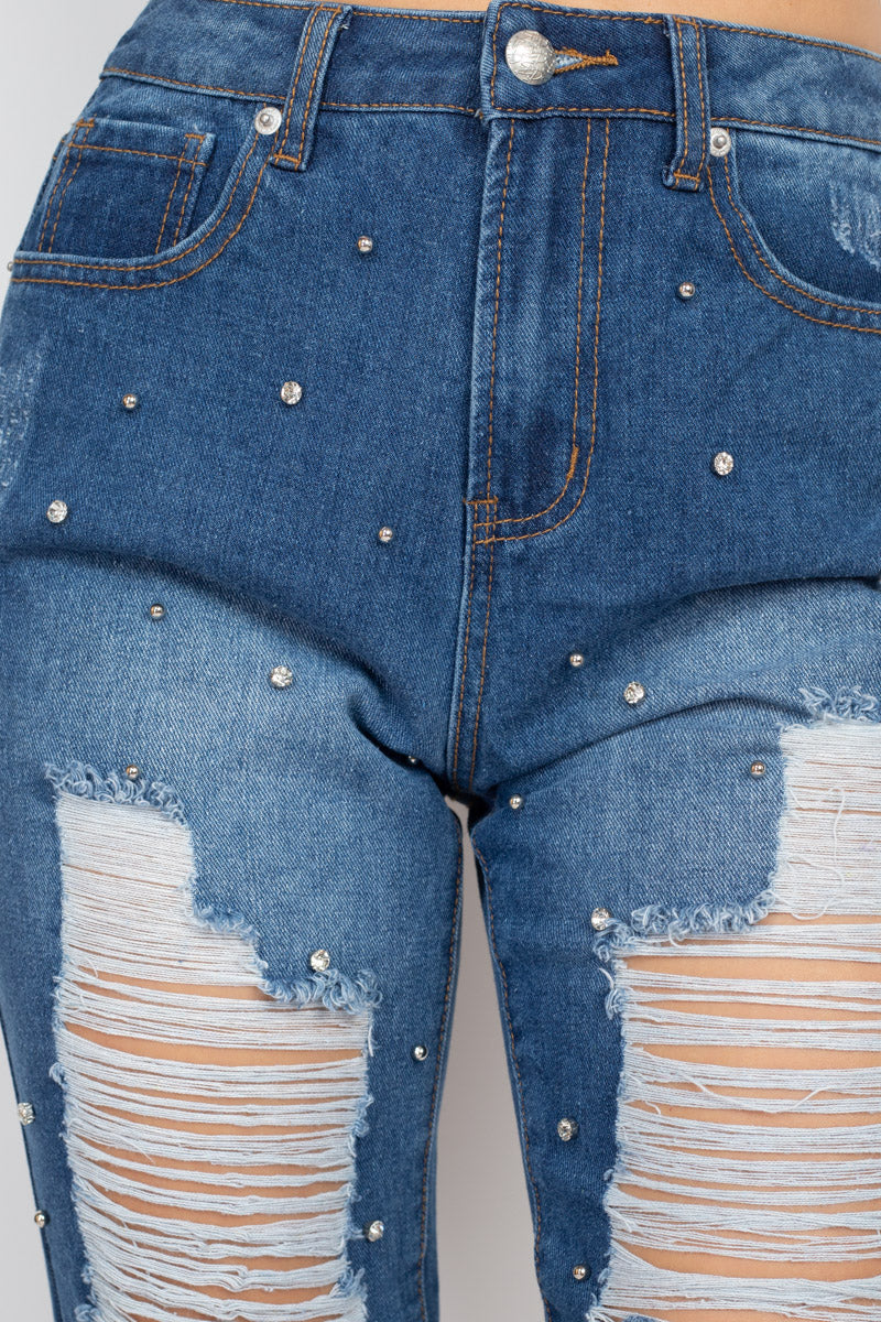 Rhinestones Ripped-front Denim Mom Jeans