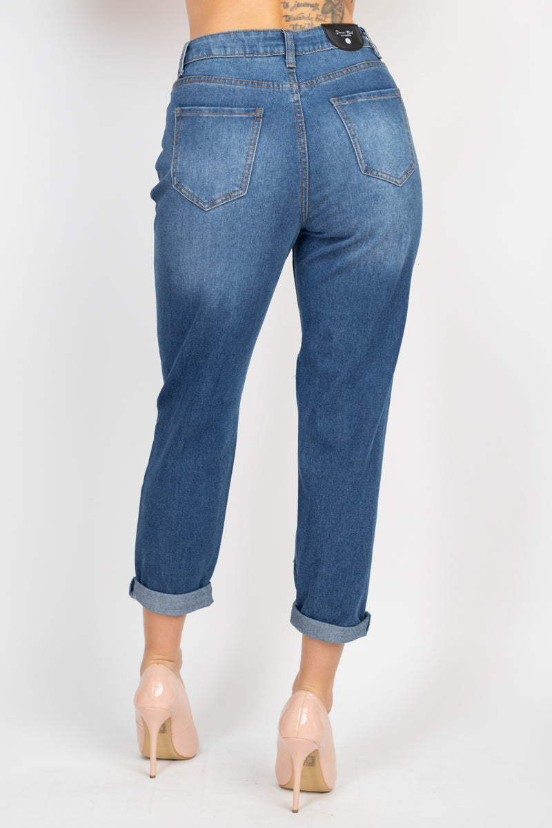 Rhinestones Ripped-front Denim Mom Jeans