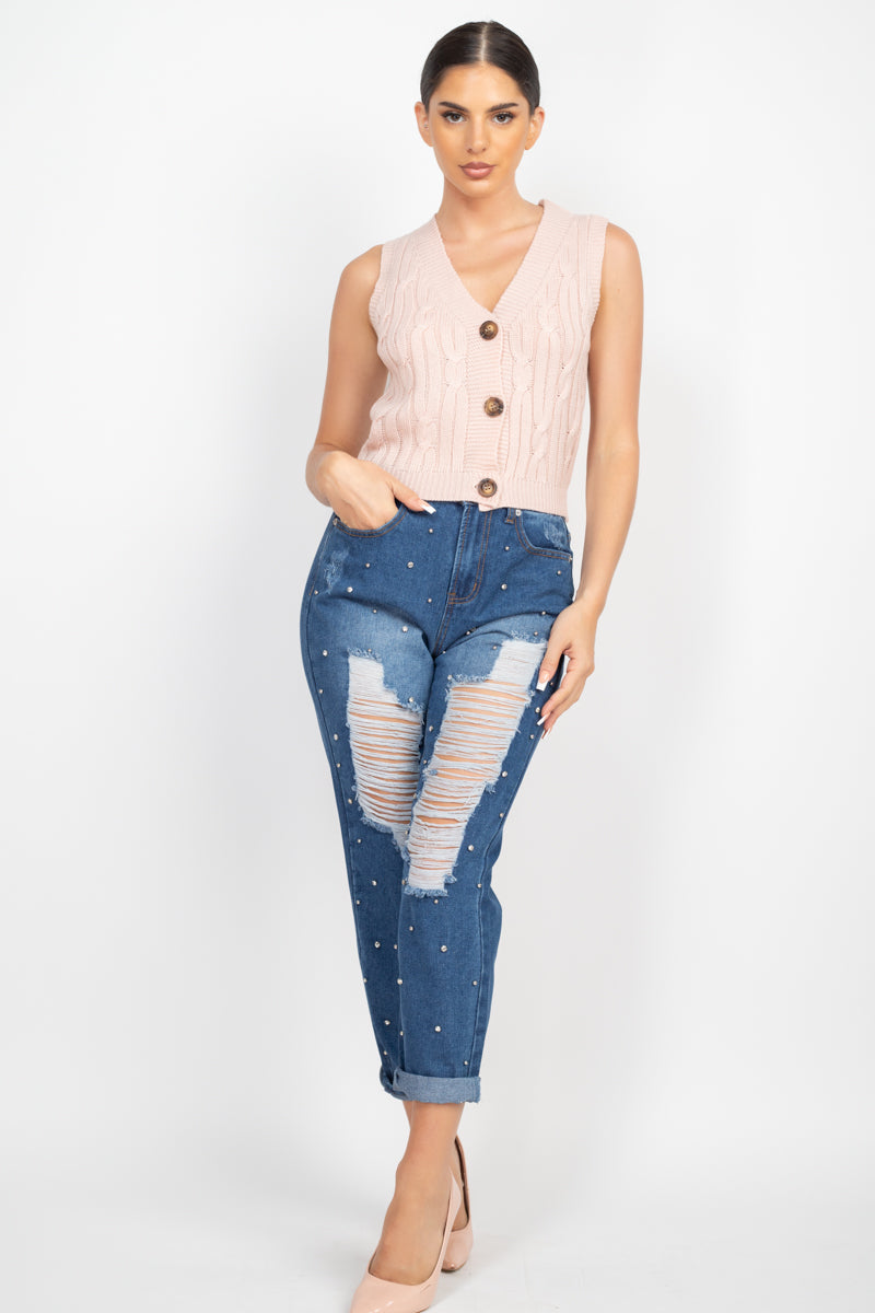 Rhinestones Ripped-front Denim Mom Jeans