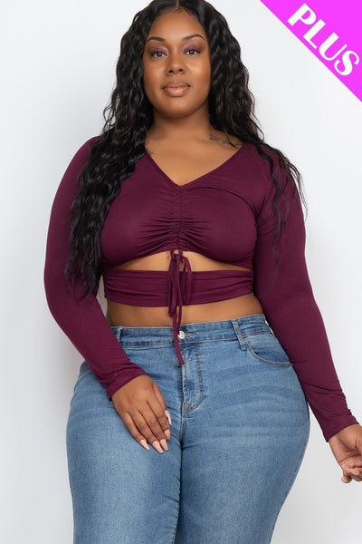 Plus Drawstring Ruched Cutout Crop Top