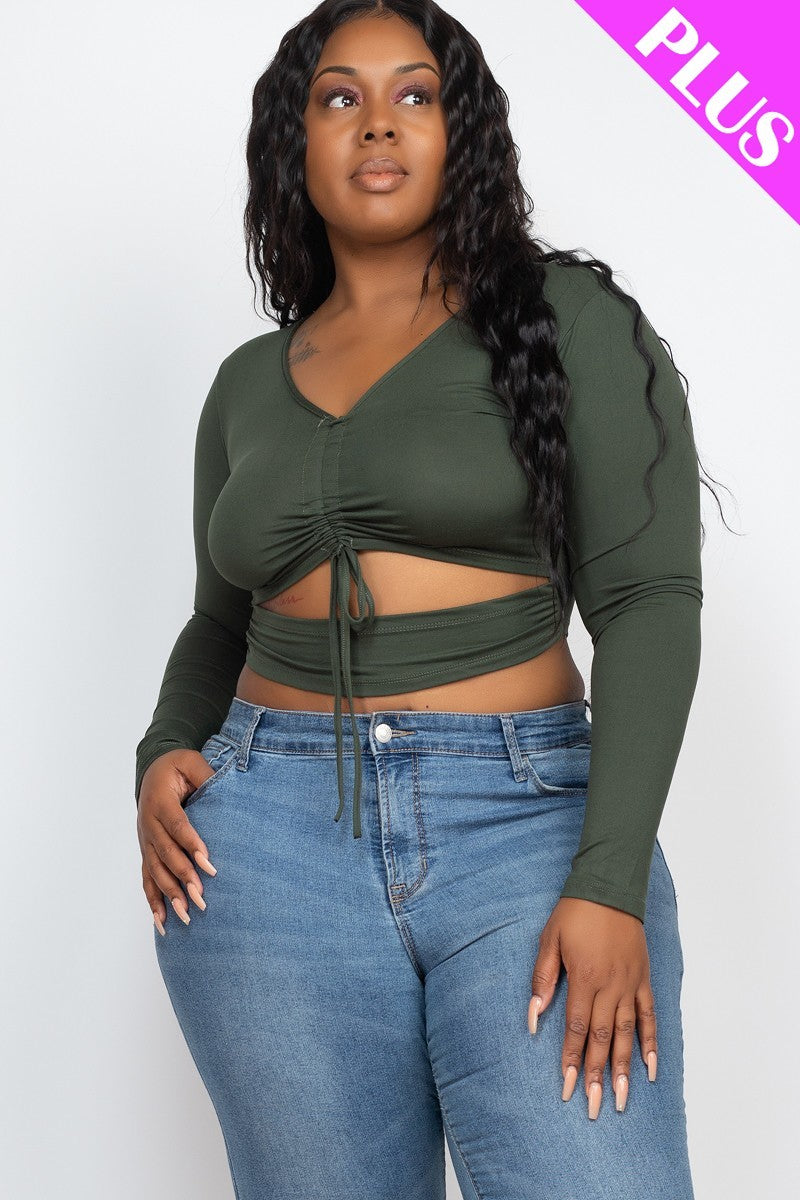 Plus Drawstring Ruched Cutout Crop Top