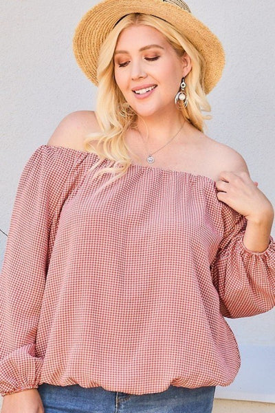 Off Shoulder Plaid Bubble Sleeve Top