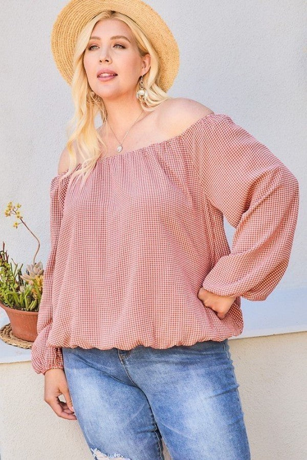 Off Shoulder Plaid Bubble Sleeve Top