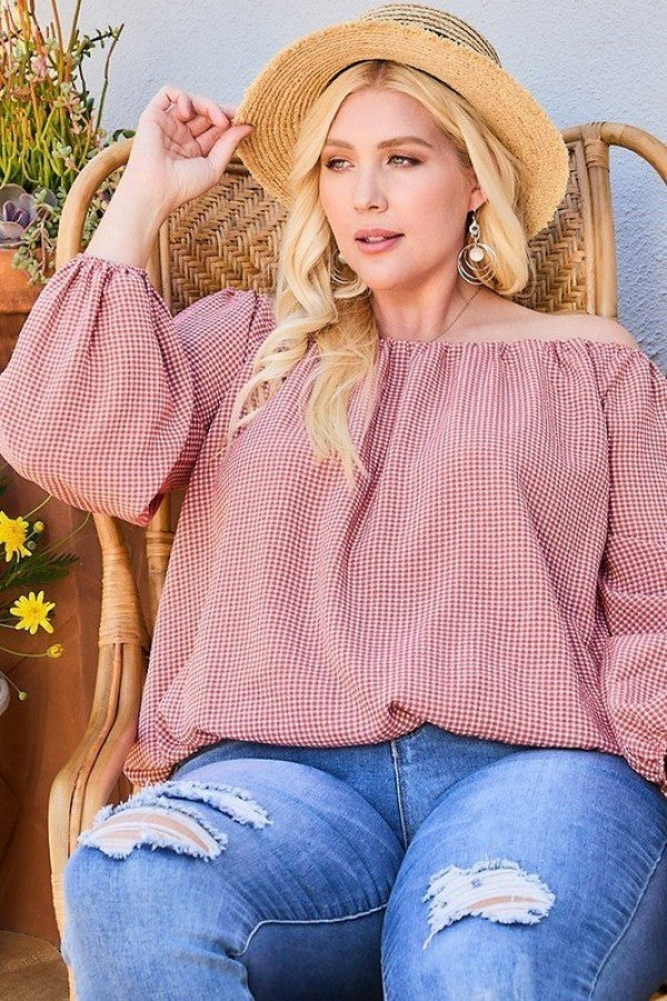 Off Shoulder Plaid Bubble Sleeve Top