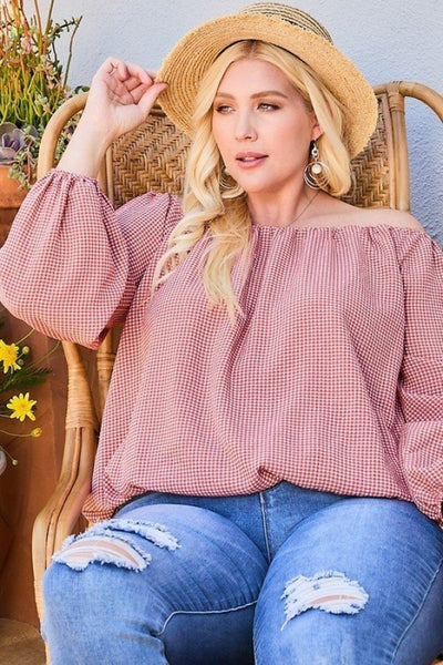 Off Shoulder Plaid Bubble Sleeve Top