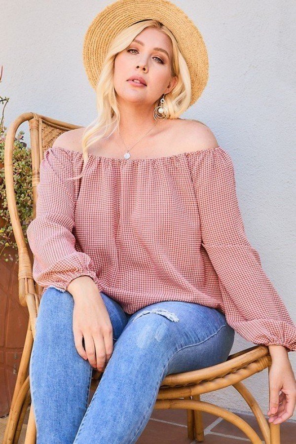 Off Shoulder Plaid Bubble Sleeve Top