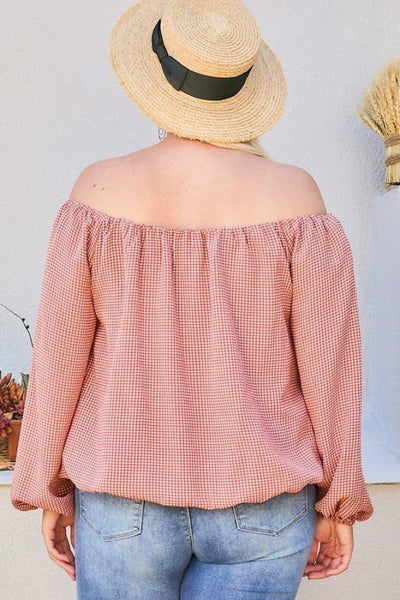 Off Shoulder Plaid Bubble Sleeve Top