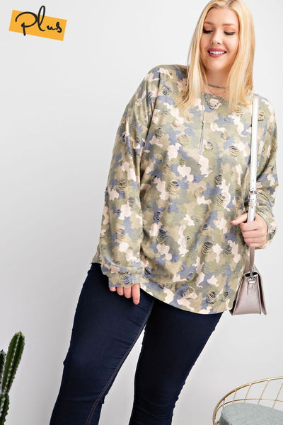 Camo Distressed Pullover Sweatshirt