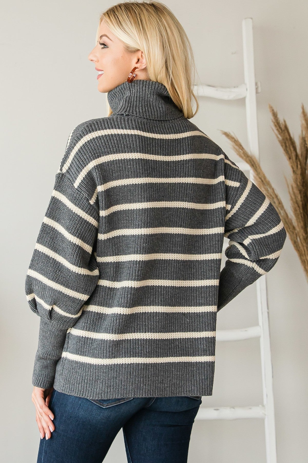 Heavy Knit Striped Turtle Neck Sweater