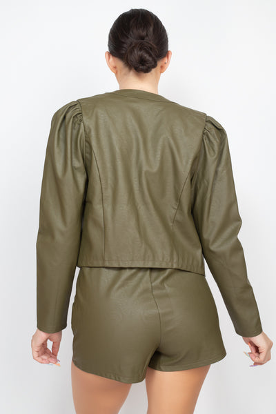 Faux Leather Detailed Jacket & Shorts Set