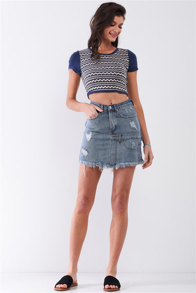 High-waist Distressed Denim Skirt