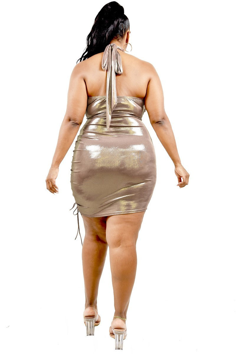 Plus Metallic Cross Wrap Halter Dress